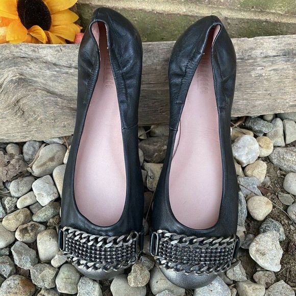 Joy & Peace Ballet Black/ Pewter Leather Chains Driving Flats Shoe Size US 6 - Picture 1 of 8